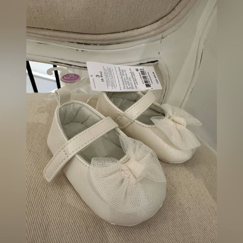 🦢6~9 Mth Fancy Ivory Baby Shoes with Tulle Bow NWT